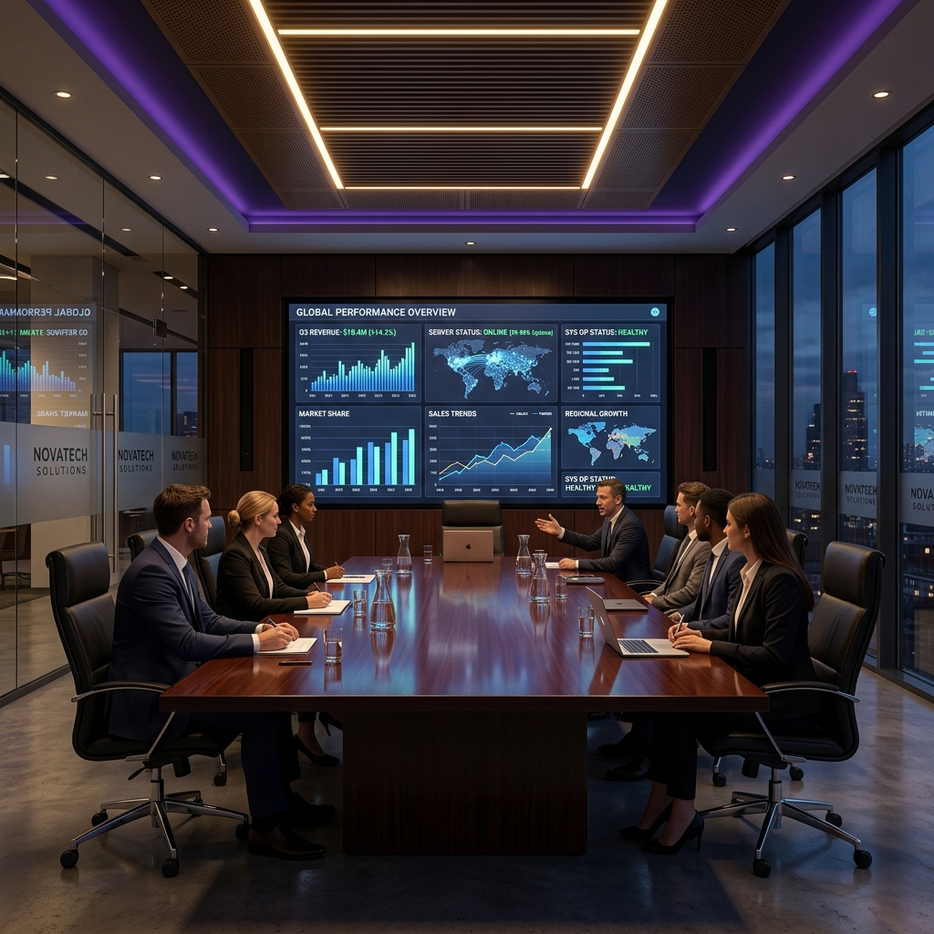 Strategic technology meeting room with dashboard analytics